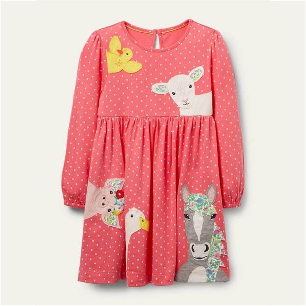 Mini Boden Farm Animals Applique Dress in Lollipop Pink, Size 6-7y, $50
